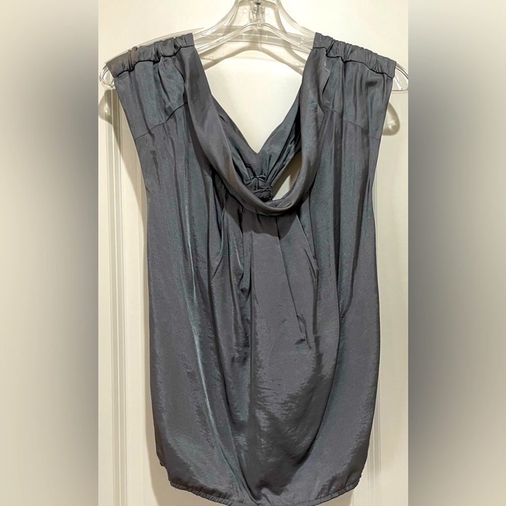 Silver satin sleeveless blouse, size small